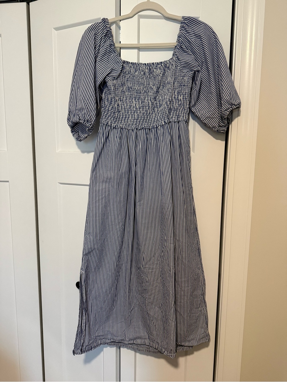 Striped Blue Puff-Sleeve Maxi Dress with Smocked Bodice